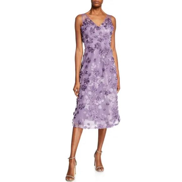 Rickie Freeman Teri Jon Tulle Tea-Length Dress Floral Appliques Purple Size 8 - Picture 5 of 5
